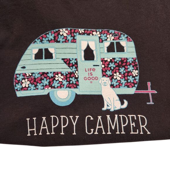 Life Is Good Crusher Tee Shirt Short Sleeve Black HAPPY CAMPER Dog Womens Size M - Picture 2 of 6